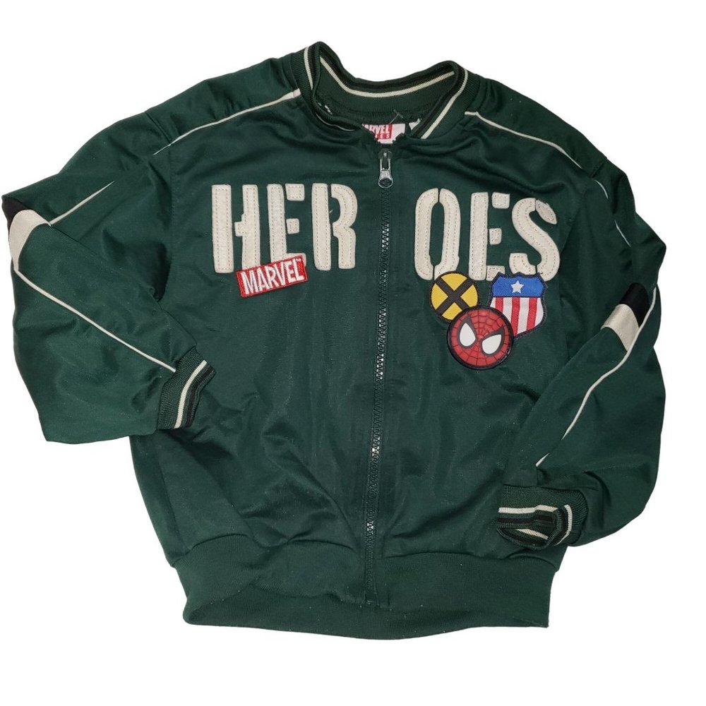 Marvel Heroes Boys size 4 Green Zip Jacket with appliqued letters and patches
